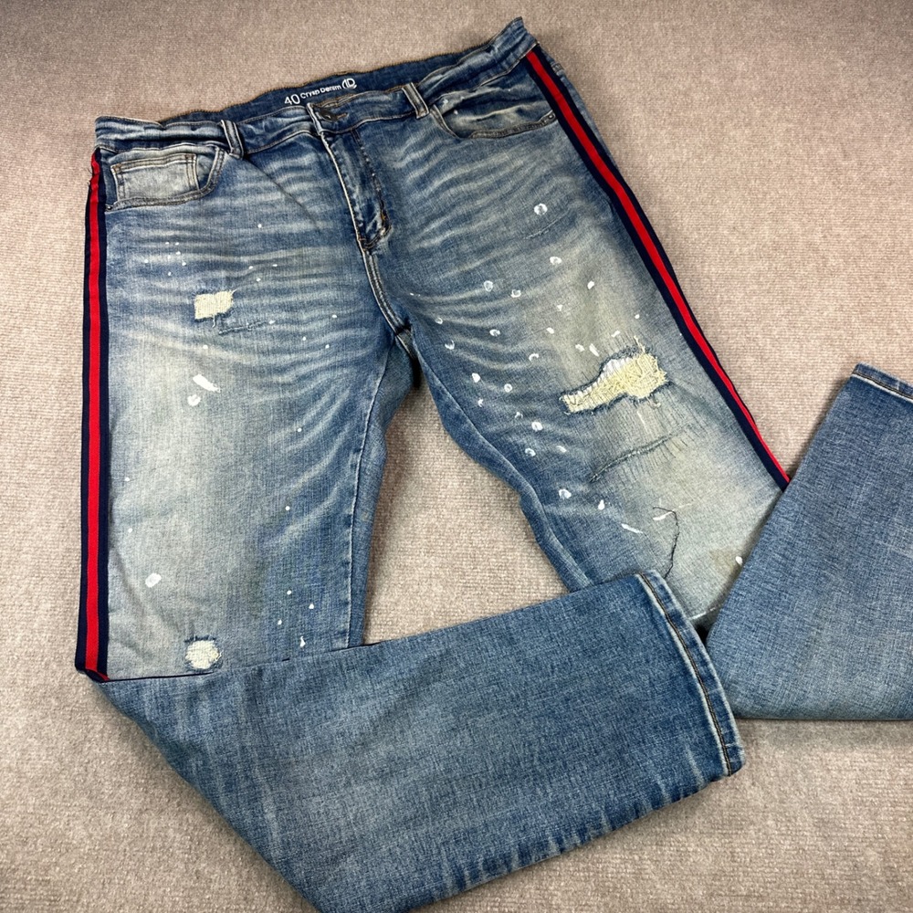 Crysp Denim Mens Distressed Paint Splatter Side Stripe Jeans Blue Size 40